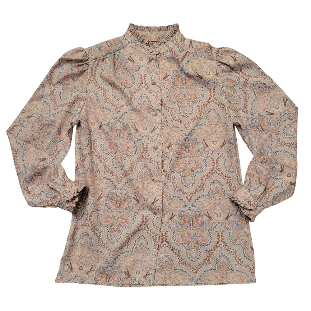 Vintage Western 12 Blouse Tan Paisley Ruffle Neck Puff Shoulder Lightweight Boho